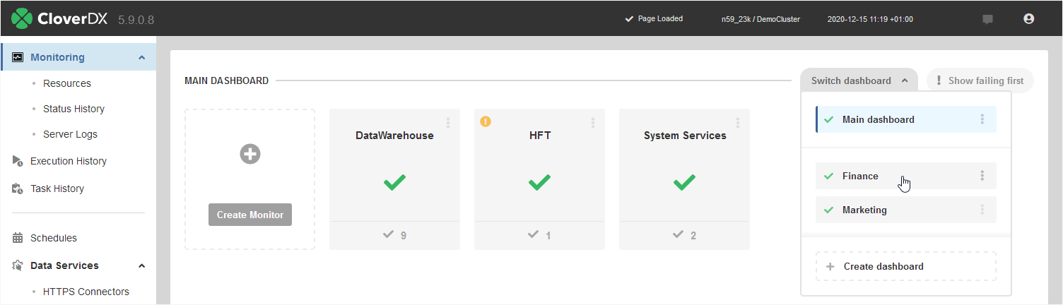 CloverDX Operations Dashboard showing multiple dashboards as well as a monitor with past alerts badge.