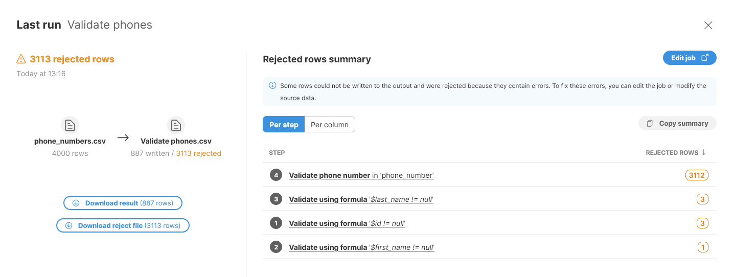 Validation summary report showing rejected rows statistics.