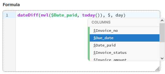 Screenshot of content assist popup in formula editor showing list of columns in the data set.