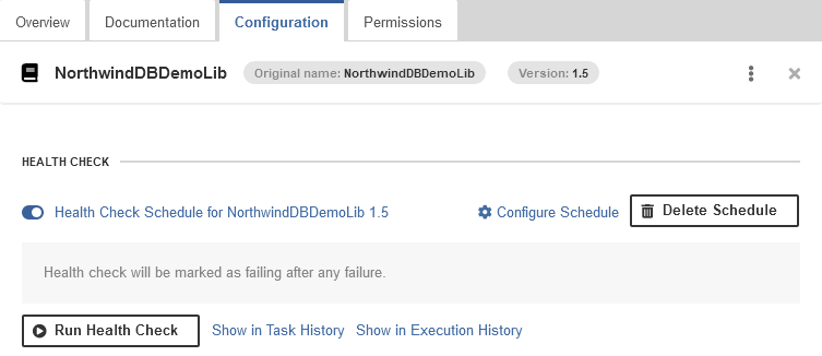 Screenshot of CloverDX Console showing health check configuration of a library.