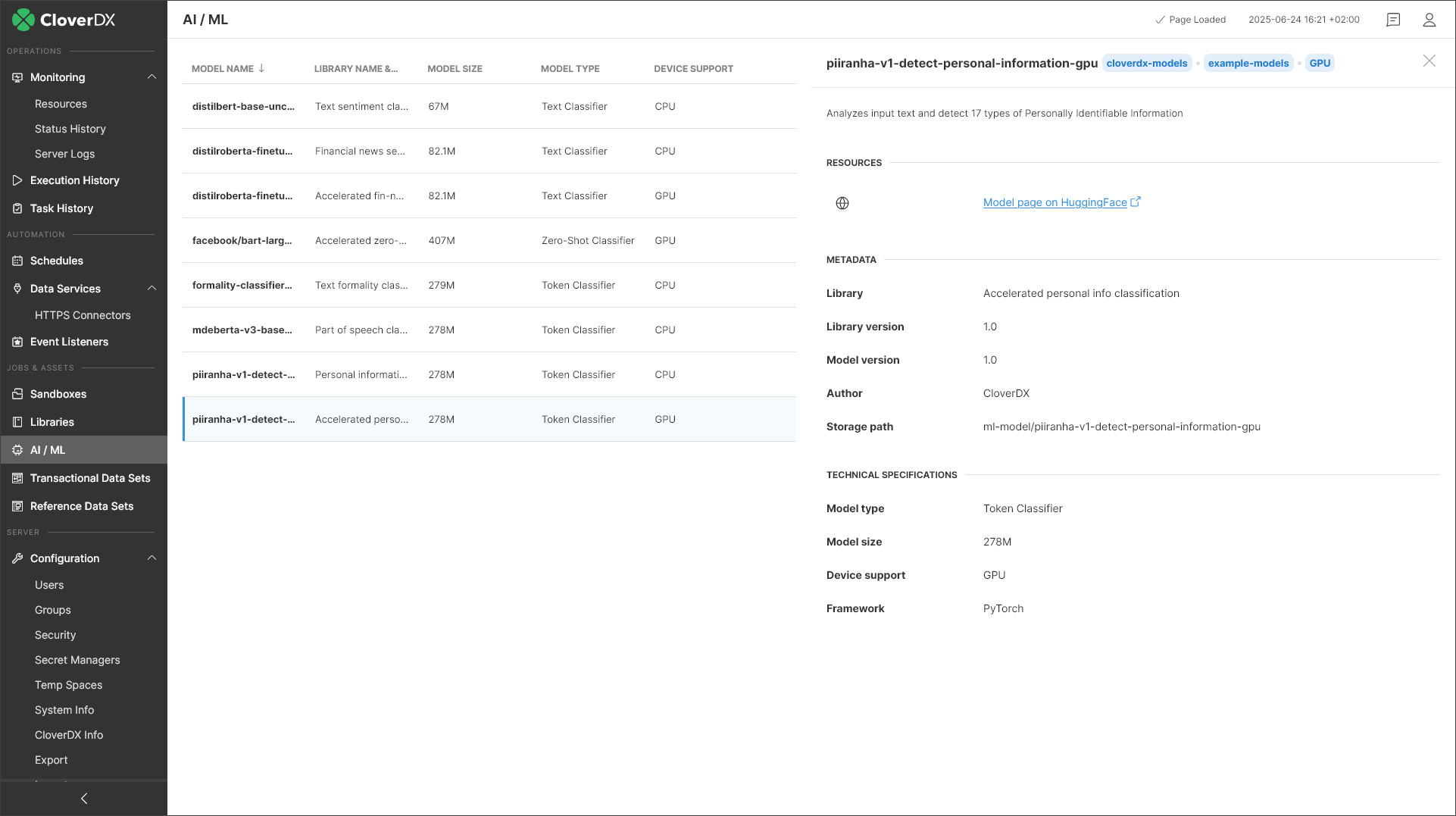 New AI/ML module in CloverDX Server console showing a list of installed machine learning models.