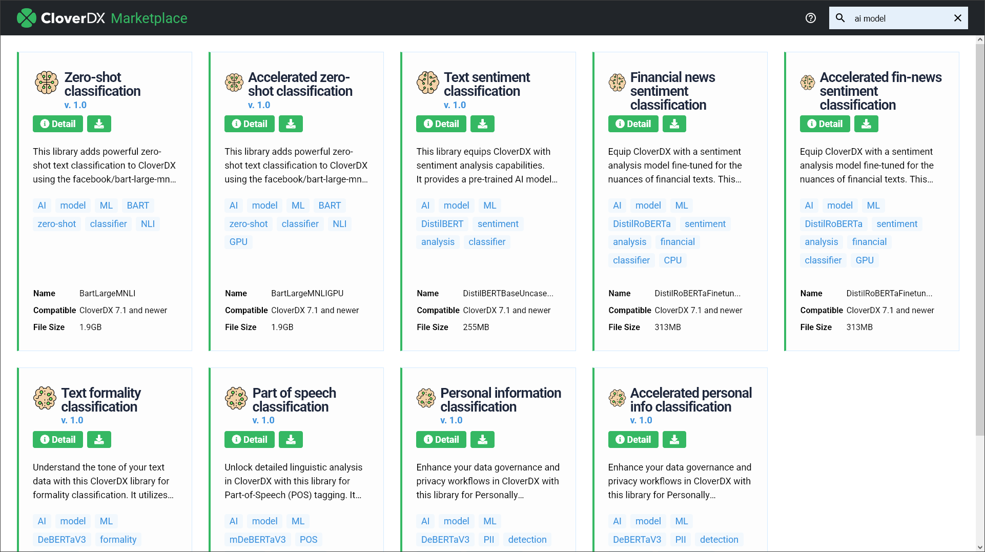 CloverDX Marketplace showing a list of available libraries with machine learning models.