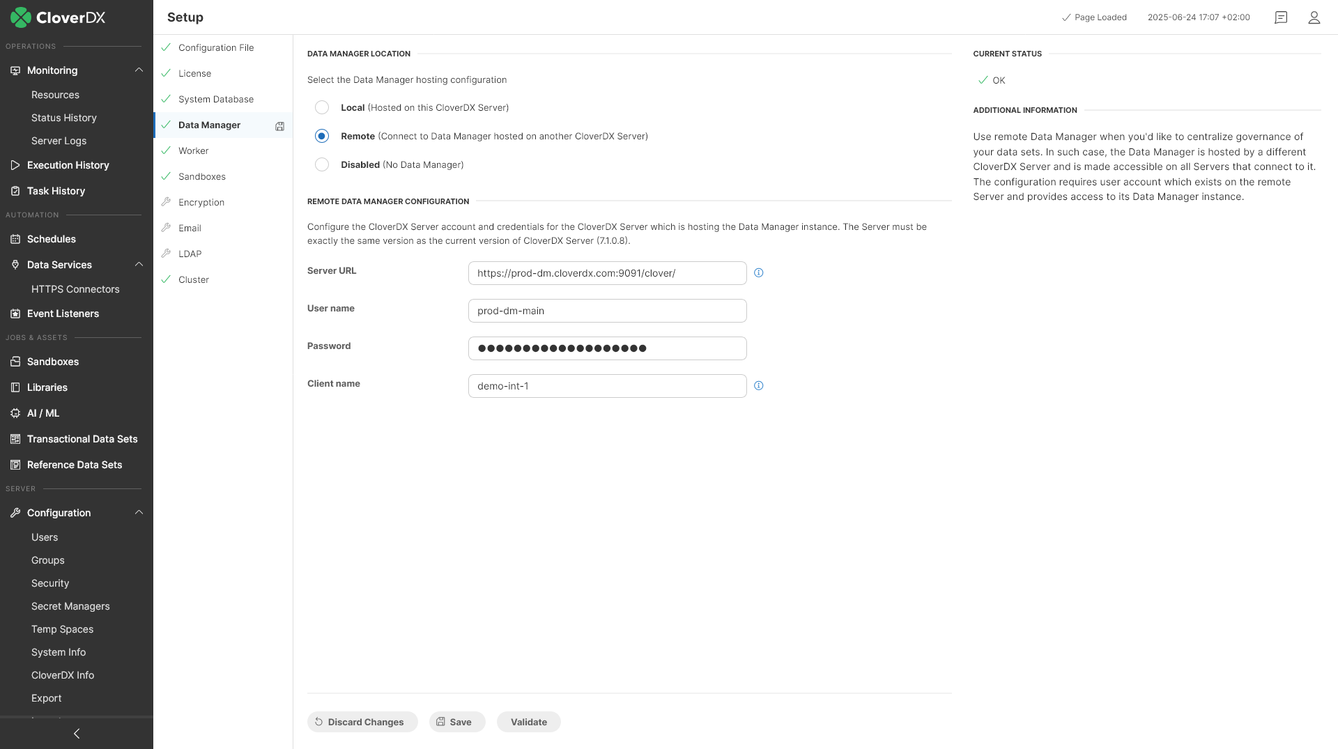 A CloverDX Server Console screen showing new settings for remote connection to Data Manager.