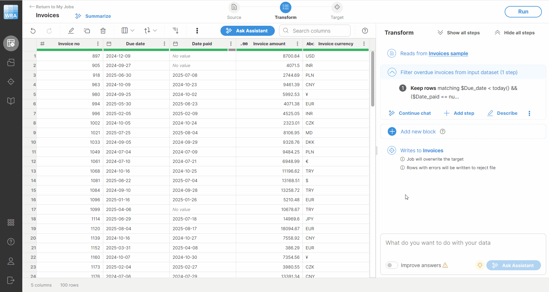 Clover AI Assistant suggesting transformation steps for currency conversion based on a prompt.