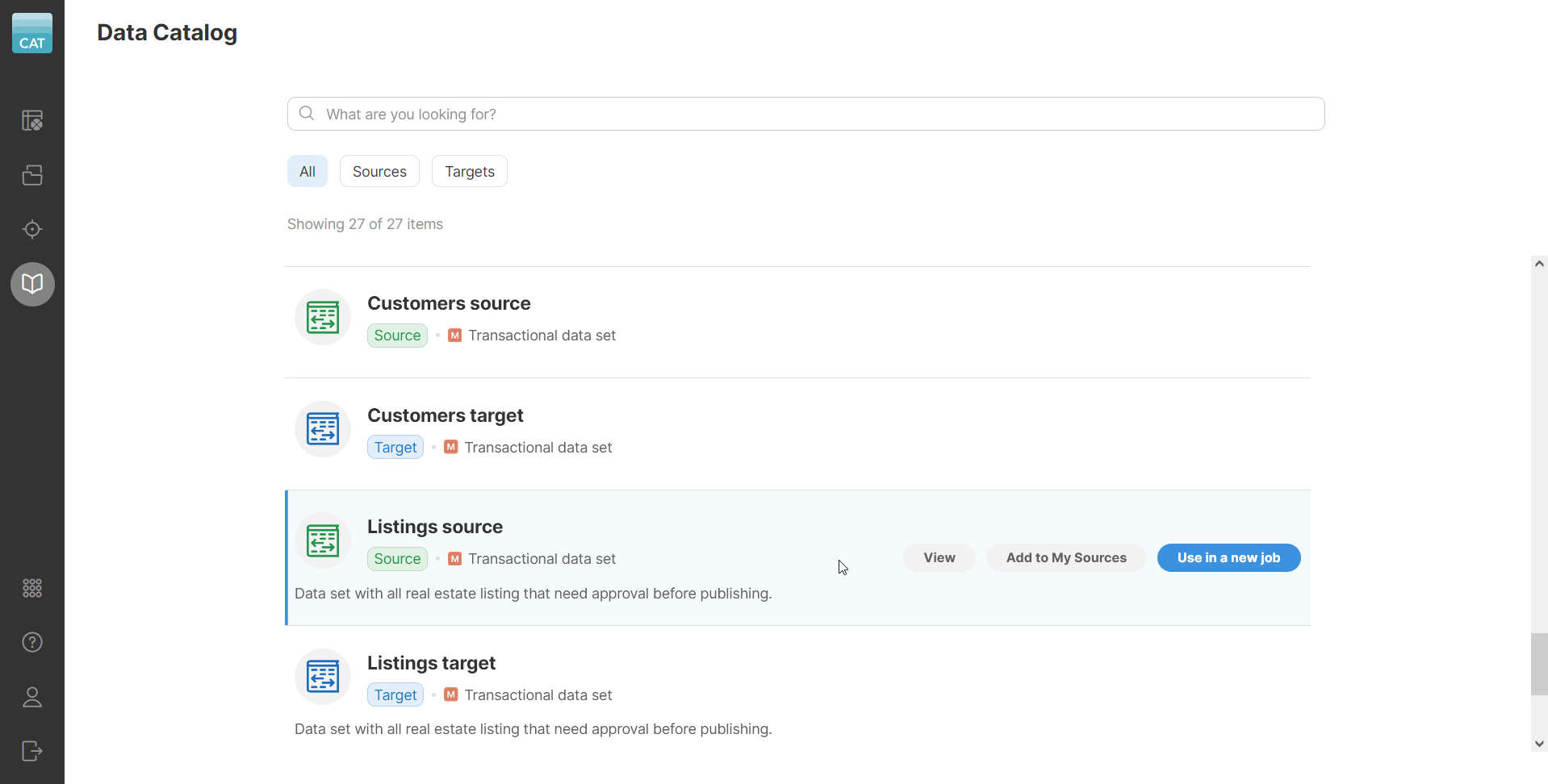 Data Catalog showing sources and targets corresponding to transactional data sets.