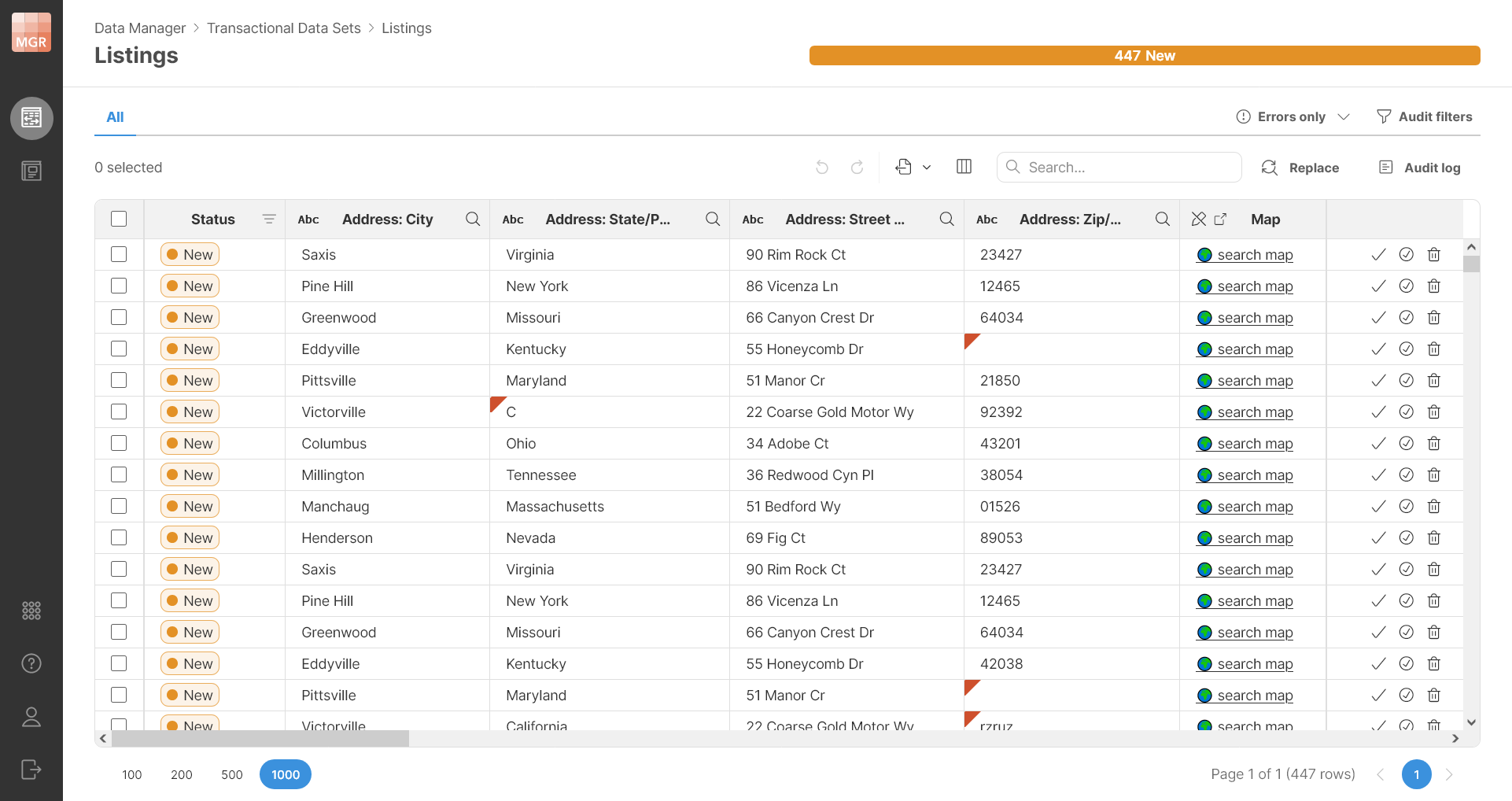 Data Manager with URL column to perform map search for the in given row address.