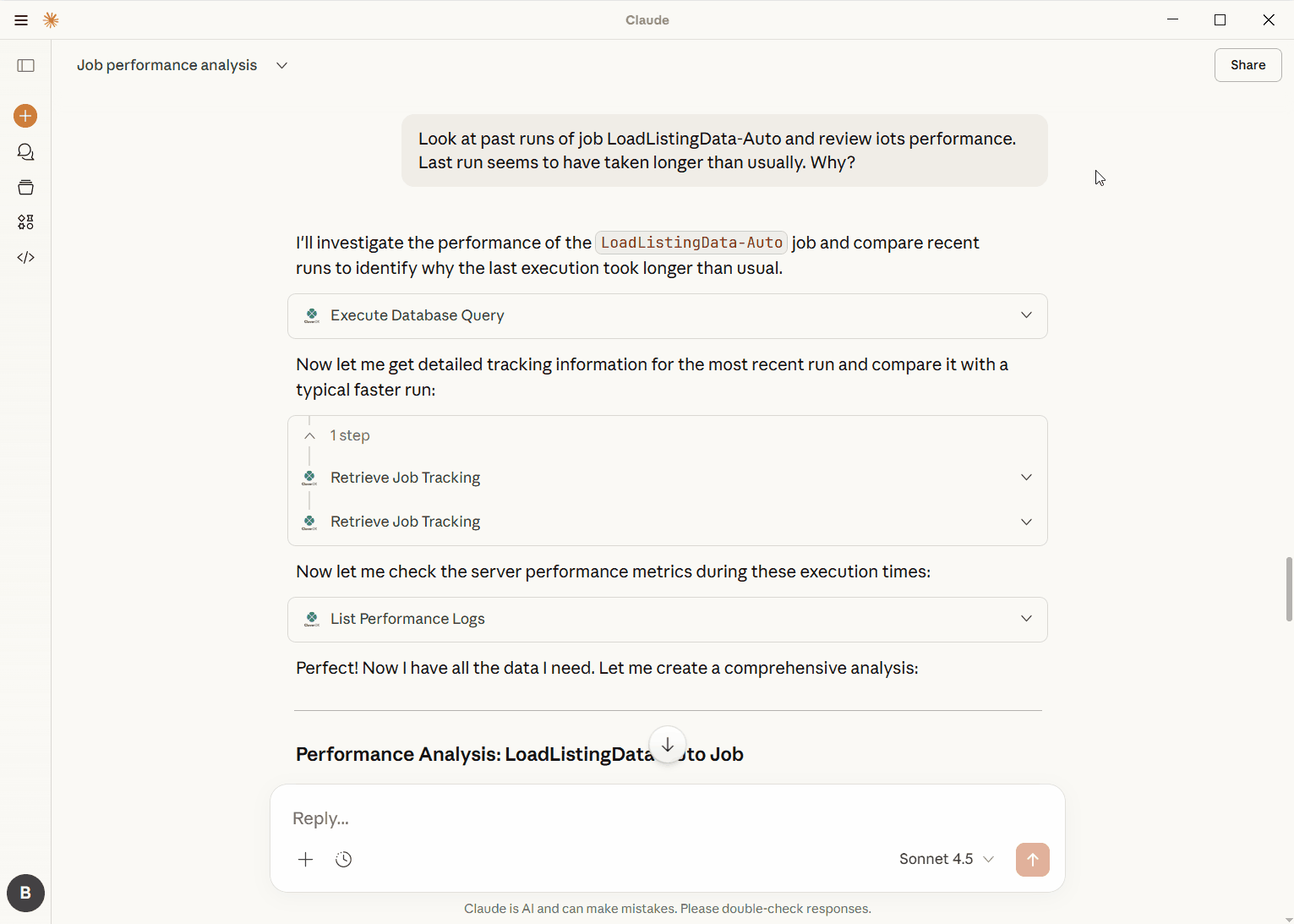 Analysis of a job performance from Claude client calling CloverDX Server's MCP interface.