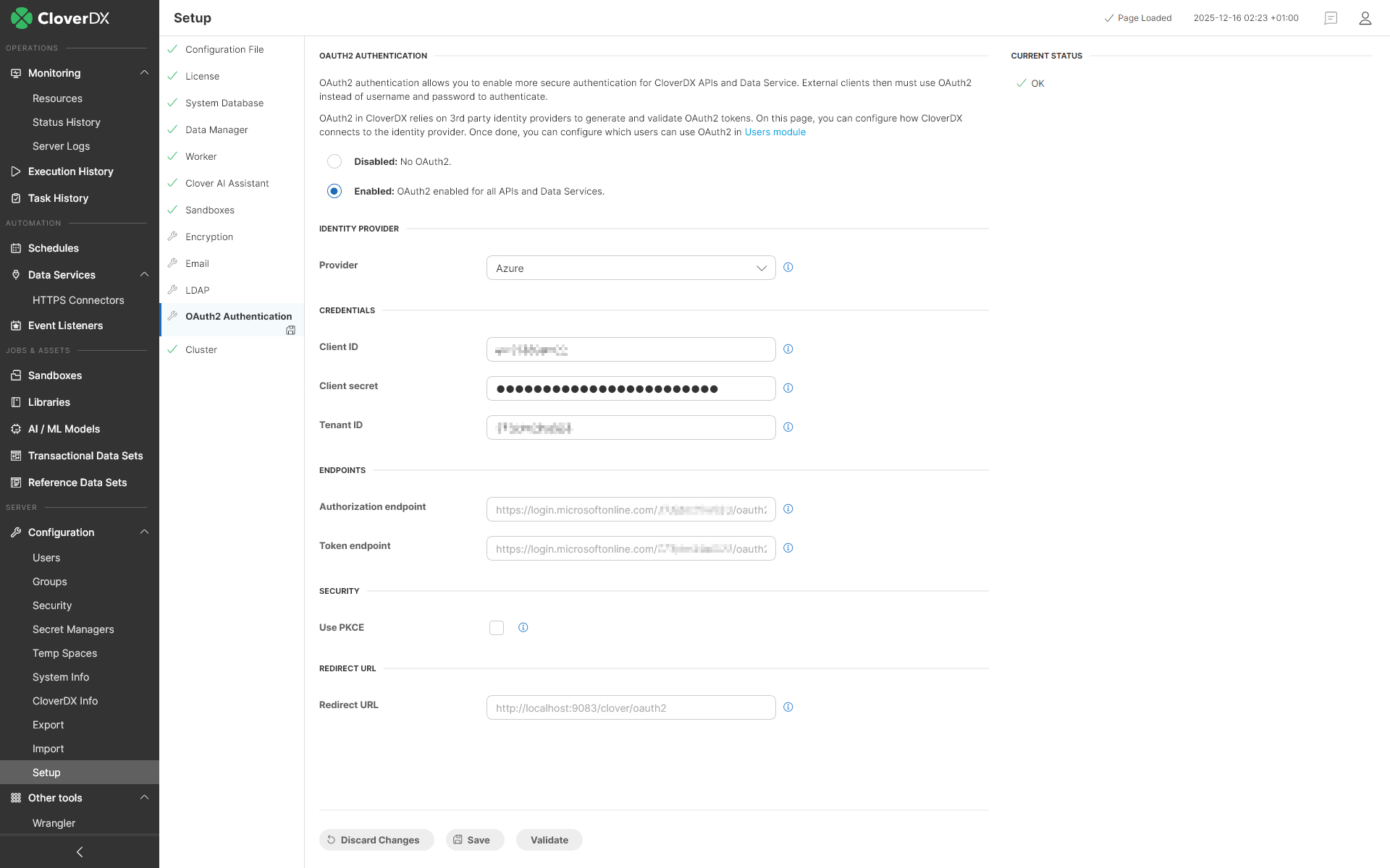 Configuration of the OAuth2 identity provider in CloverDX Server.