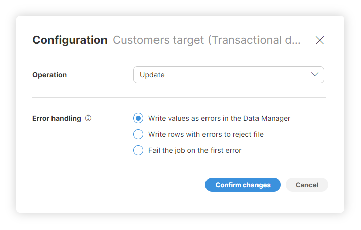 Settings of the transactional data set target in Wrangler.