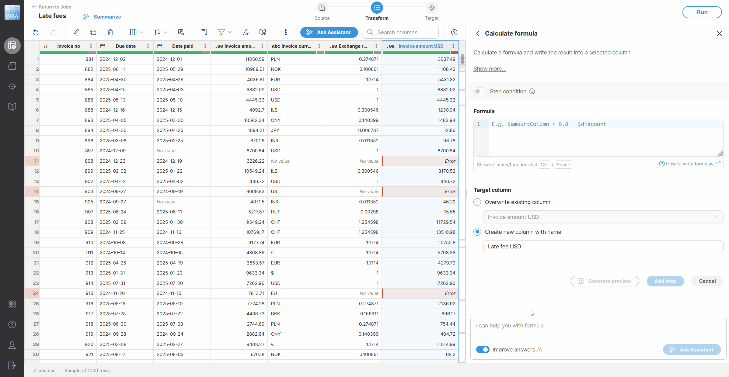 Dynamic preview showing a preview of AI-generated formula in Calculate formula step.