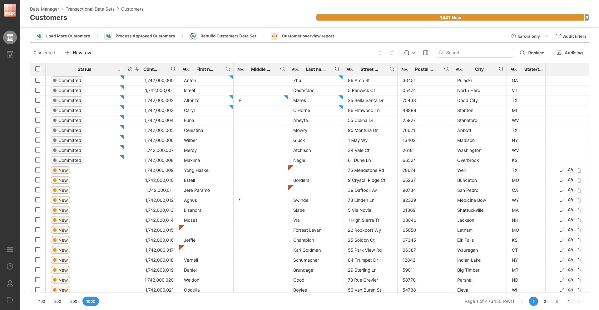 Transactional data set in Data Manager showing toolbar with connected Data Apps.