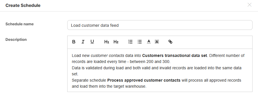 Creating a new schedule with formatted description.