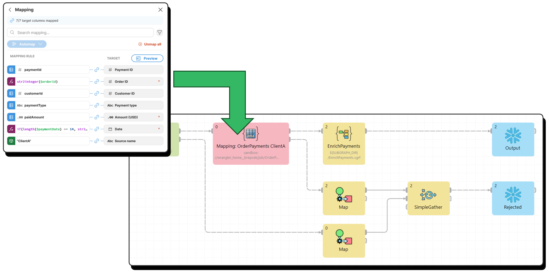 Mapping created in Wrangler used in graph via WranglerJob component.