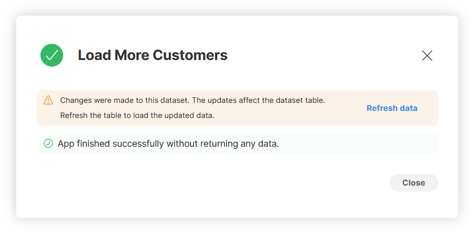 Data App results shown in Data Manager showing refresh notification.