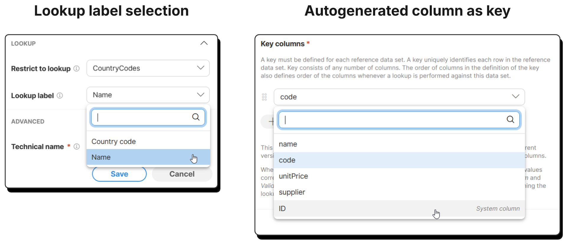 Lookup label selection and selecting autogenerated id as reference data set key.