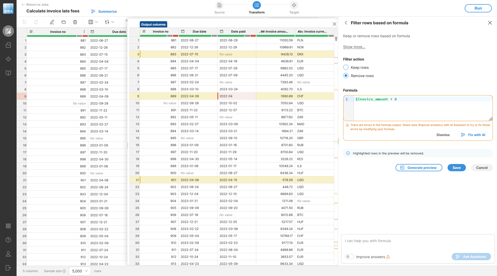 Dynamic preview showing rows that will be removed by the Filter step.
