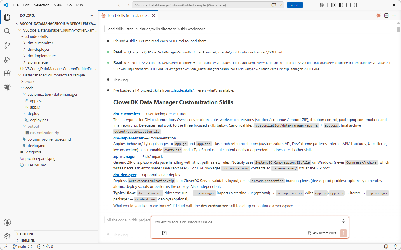 IDE showing Data Manager AI skills loaded into session.