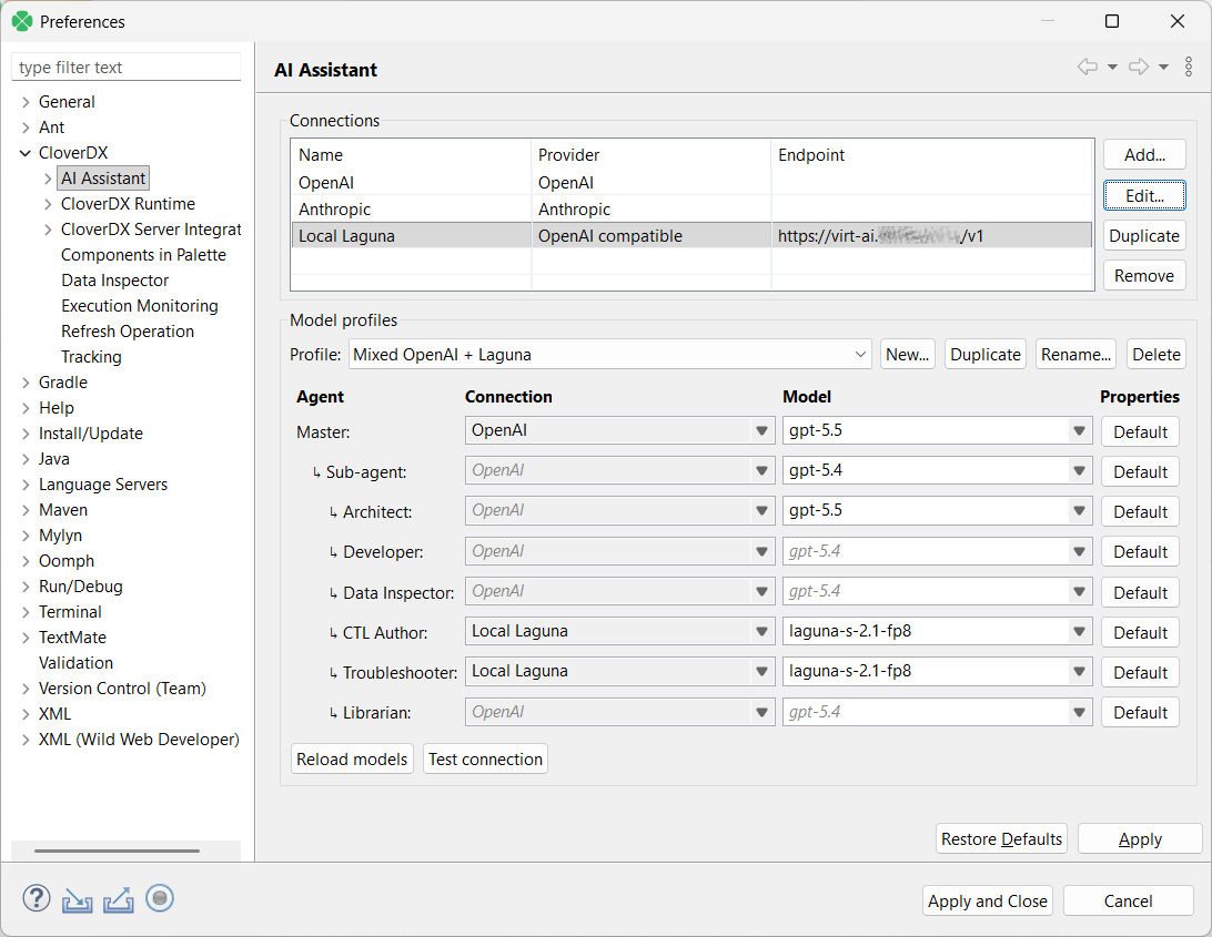 CloverDX AI Assistant connection settings showing mixed OpenAI and local model usage for its agents.