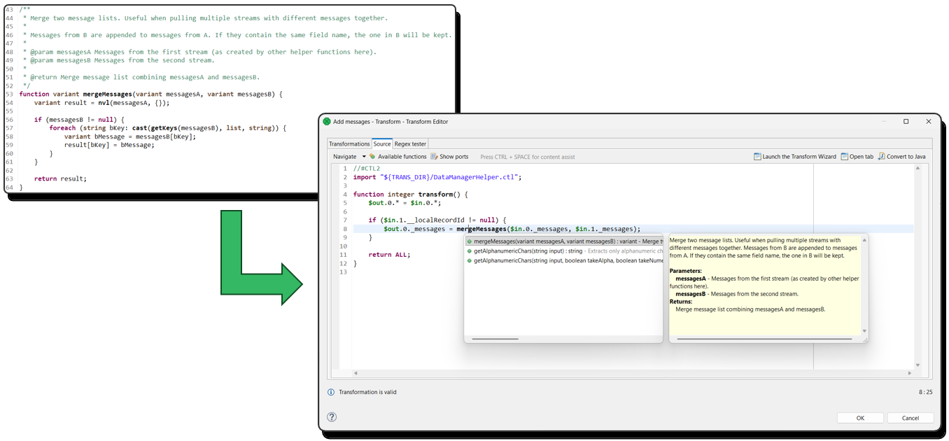 CTL documentation comment for a function and resulting Content Assist tooltip  with additional detail.