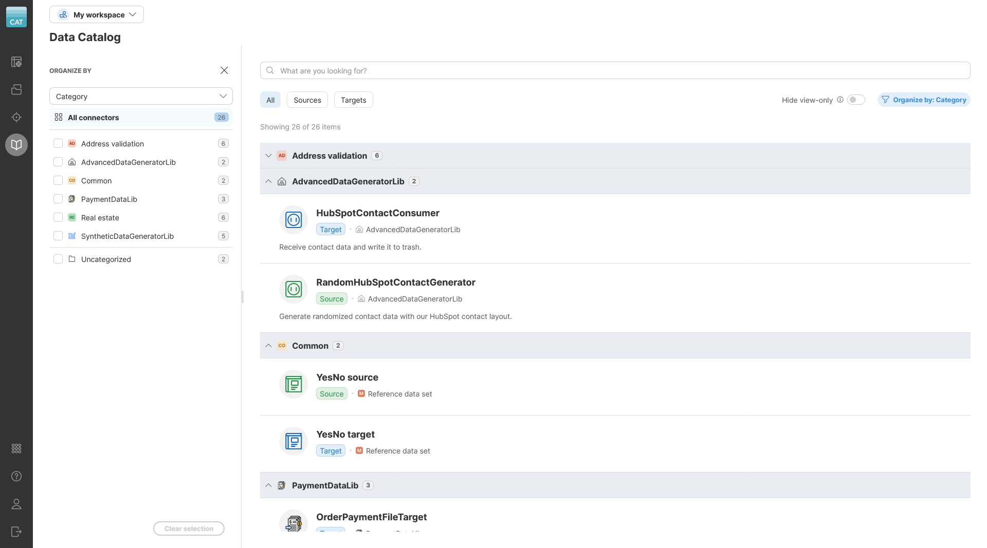 Data Catalog showing one of its views - connectors organized by category.