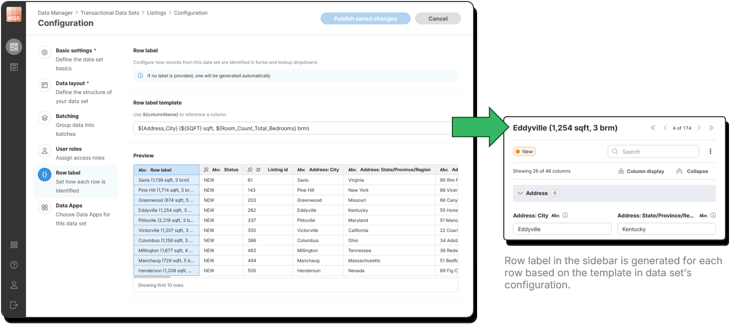 Row label configuration screen with preview and row label as shown in the sidebar.