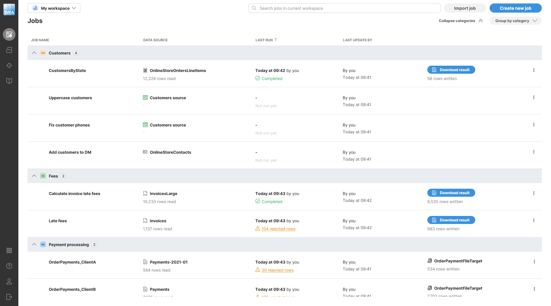 Job list in Wrangler showing jobs organized into multiple categories.